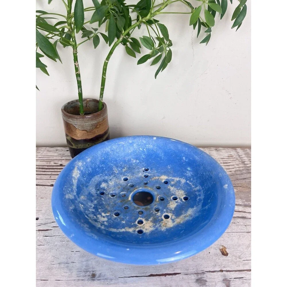 Antique Rare Blue Ceramic Berry Bowl W/ Colindar / Cherry Bowl 8” Cottage Home